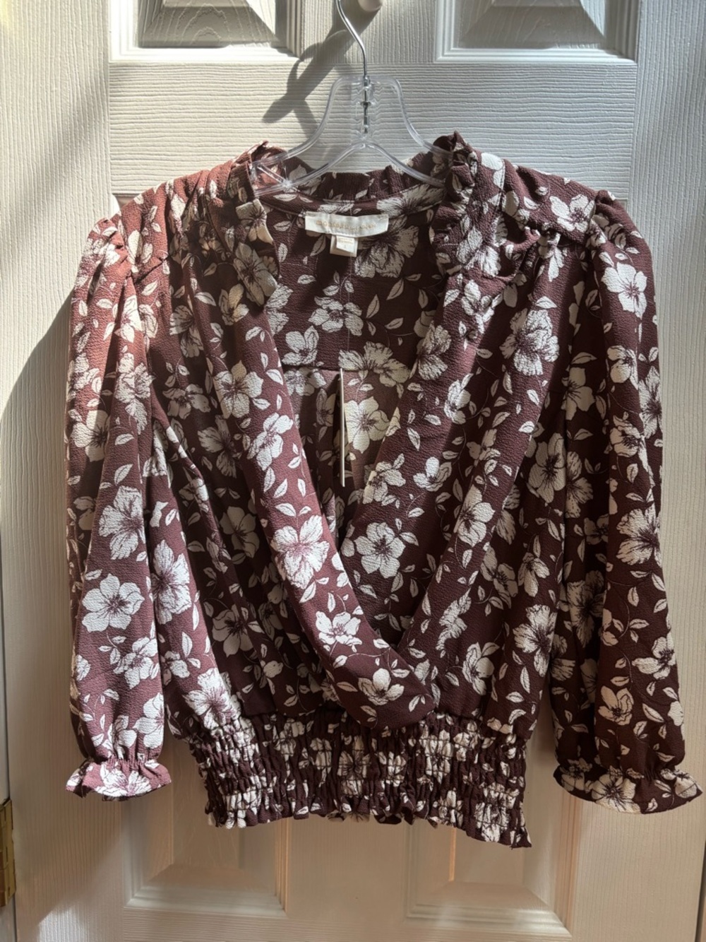 Floral V-Neck Smocked Hem Blouse - Plum White